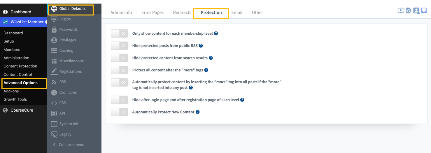 WishList Member - Advanced Options _ Global Defaults _ Protection - WordPress Membership Plugin - Membership Sites Admin dashboard showing WishList Member settings: Protection tab open with a list of content-protection toggles and options like hiding protected posts and more-tag automation.