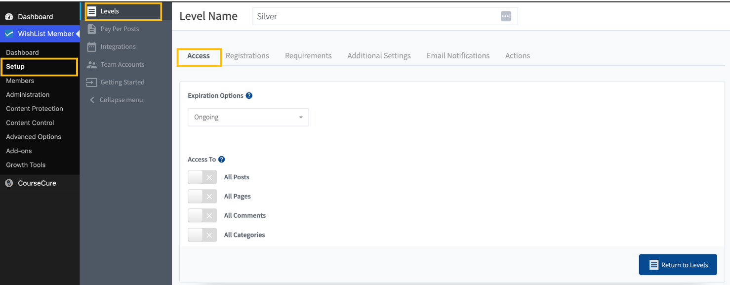 WishList Member Levels - WordPress Membership Plugin - Membership Sites Admin dashboard: Levels page showing Level Name'Silver', with Access tab active and options to restrict All Posts, All Pages, All Comments, All Categories; Return to Levels button visible.