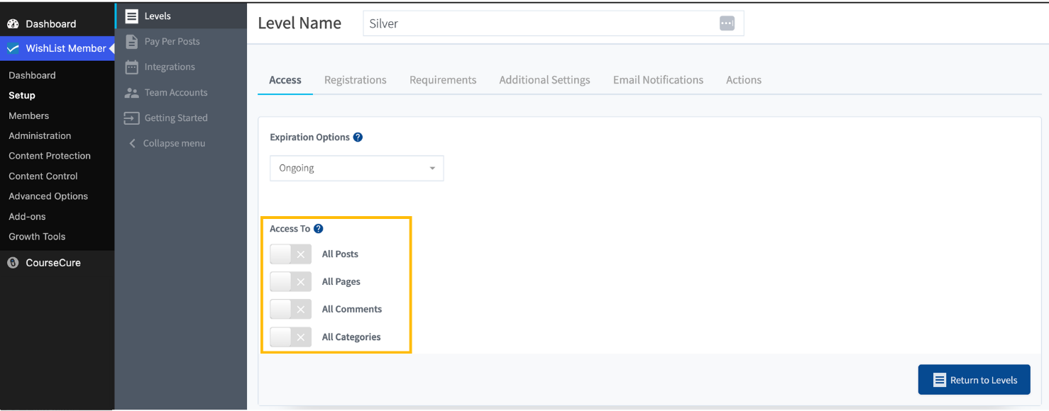 WishList Member Setup Level Access - WordPress Membership Plugin - Membership Sites Admin dashboard Levels page showing an'Access To' panel with toggles for All Posts, All Pages, All Comments, All Categories.