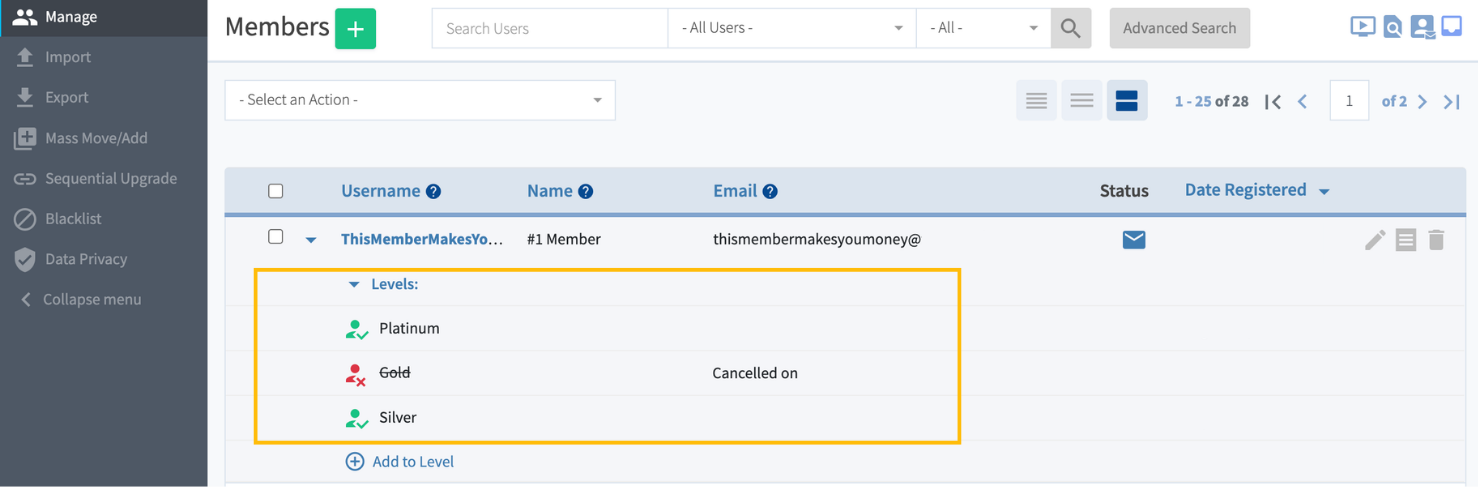 WishList Member - Single Account Multiple Levels - WordPress Membership Plugin - Membership Sites Member management screen showing a user row with the Levels: Platinum, Gold (Cancelled on), Silver in a highlighted box on the profile details panel.