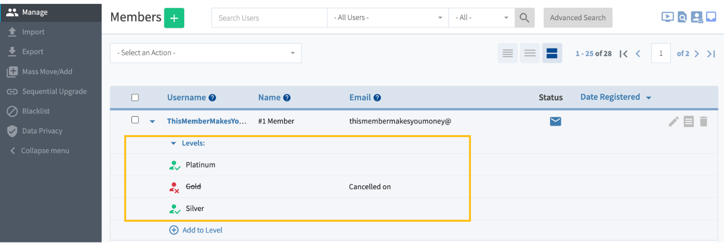 WishList Member - Single Account Multiple Levels - WordPress Membership Plugin - Membership Sites Member record in admin panel showing membership levels (Platinum, Gold, Silver) with Gold marked and a highlighted Level box around the list.