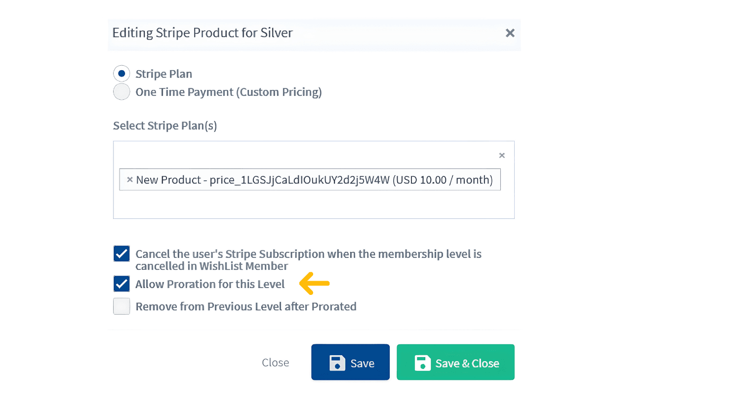 WishList Member - Stripe - Allow Proration - WordPress Membership Plugin - Membership Sites Editing Stripe Product for Silver; Stripe Plan selected, proration allowed, Save and Save & Close available.