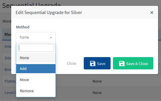 members-seq-upgrade-04 - WordPress Membership Plugin - Membership Sites The Sequential Upgrade Method options: Add, Move, and Remove.