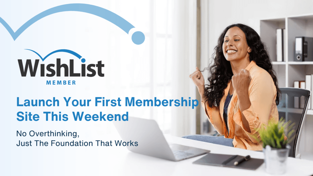Smiling woman at a desk with a laptop, promoting WishList membership launch this weekend.