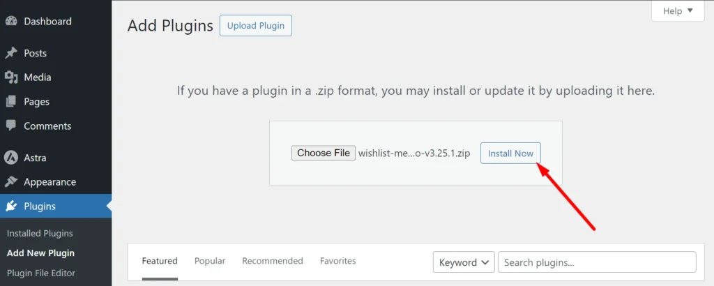 Install WLM - WordPress Membership Plugin - Membership Sites WordPress Add Plugins screen: choose a ZIP file and click Install Now to upload a plugin package.