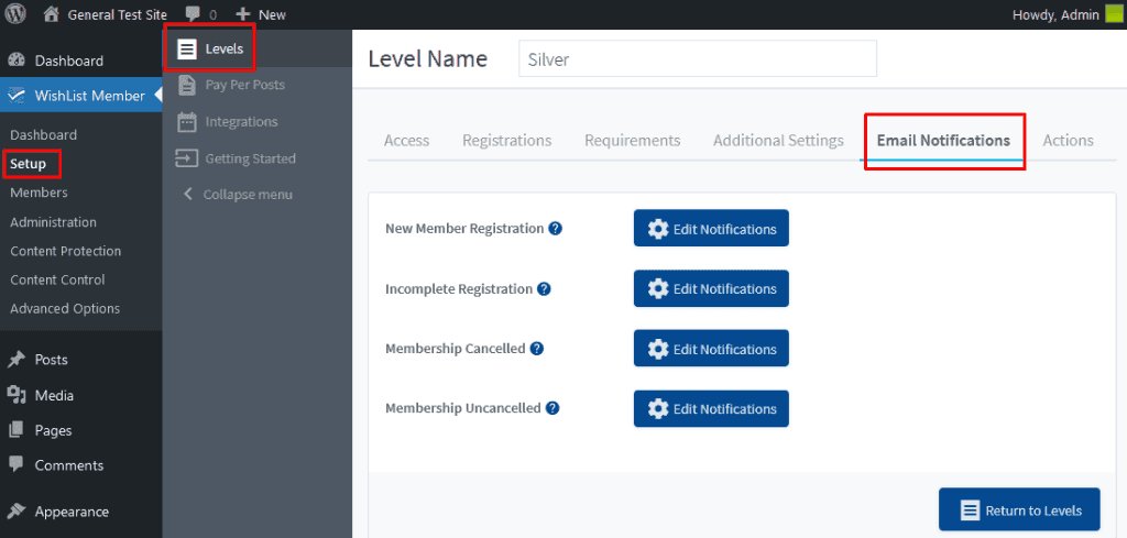WLM Email - WordPress Membership Plugin - Membership Sites Admin dashboard screenshot: WishList Member Levels page, showing the Email Notifications tab with four items and Edit Notifications buttons, plus a Return to Levels button.