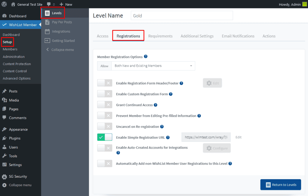 WLM reg - WordPress Membership Plugin - Membership Sites Admin screen showing WishList Member Level settings for 'Gold' with the Registrations tab and various toggles; left menu highlights Levels > Setup.