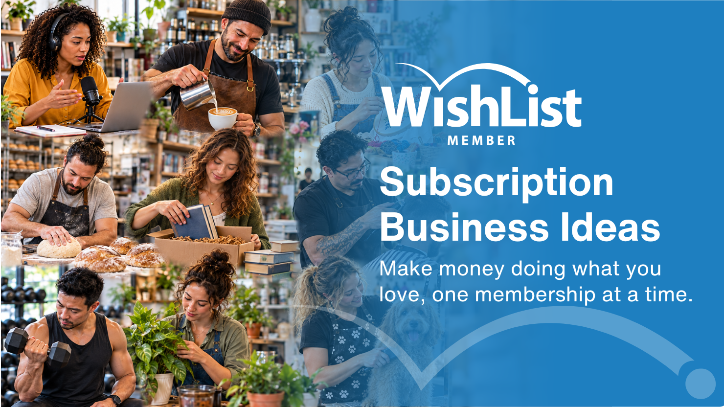 Collage of diverse people working in a cheerful shop, with a blue banner on the right showing the WishList logo and the message about Subscription Business Ideas membership.